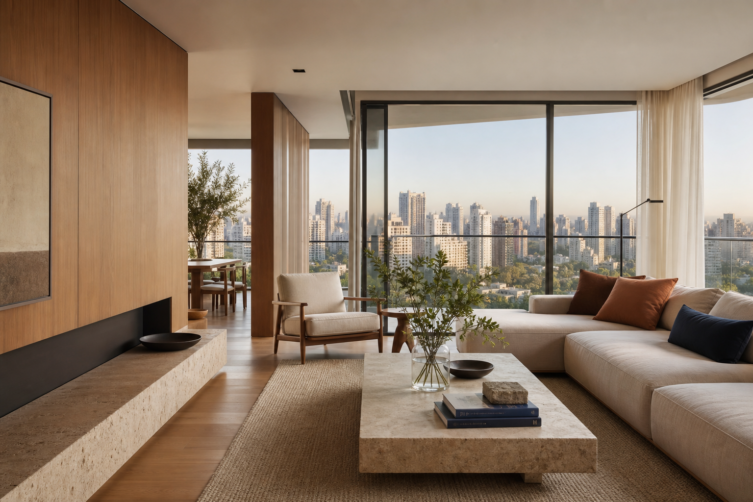 Interior de apartamento contemporâneo com vista urbana